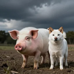 photo, pig and white shiba inu mix.