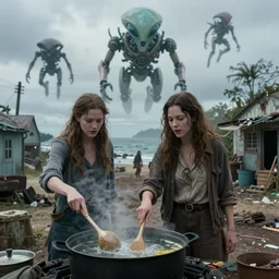 she makes the deep boil. dark fantasy story about two casually - dressed women in a dirty seaside town, a globster, and a beautiful song. color cinematic still from an action - packed 2 0 1 1 flying!! hybridizing alien - robot invasion science - fiction blockbuster movie ; highly - detailed.