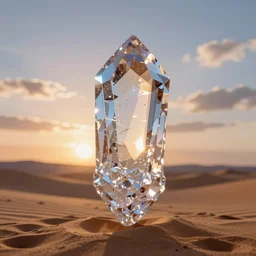 an amazingly stunning picture of a brilliant crystal floating over a desert, intricate detail, sunset, serene, volumetric lighting, volumetric clouds, 8 k, photorealistic, digital art trending on artstation