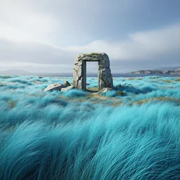 a beautiful render of fantasy scandinavian landscape, by greg rutkowski, cgsociety, unreal engine, octane render, windswept seafoamblue grass dunes, northern sea, withered portal stone in center