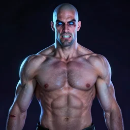 glowwave portrait of king tall, pine skinned man with sunken, blue eyes, thick eyebrows, a cleft chin and a long face. he is bald, has bony hips, and wide shoulders, has a small wound on his right hand, seems self - indulgent, and he has bad teeth with a crown, neon, au naturel, hyper detailed, digital art, trending in art