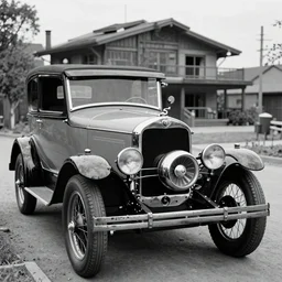 an oldie car with turbine, cyber punk, house in background, detailed, award winning, masterpiece, photograph, cinematic, black-white retro photo 1910