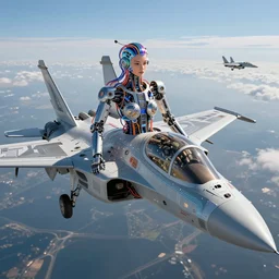 synthetic anthropomorphic computer chips and circuits is robot fighter pilot bot goddess made of colored wires and fiberoptics as elegant electromechanical female with many shiny mechanical parts and patterns piloting in a fighter jet cockpit. wide angle. background : air combat
