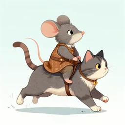 a heroic mouse, riding on the back of a prancing cat, illustration, trending on artstation