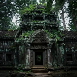 photograph of ancient wooden temple overgrown by nature, volumetric lighting, eerie, beautiful lost place, insanely detailed