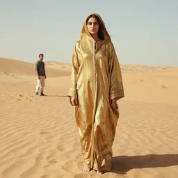 fashion portrait of woman in gold burkah in the windy desert by tim winton and wes anderson