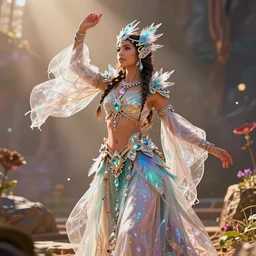 Cinematic stills from Horizon Zero Dawn 2 and Disney's Raya and the Last Dragon crossover, full-body, bloom, dynamic poses, diaphanous iridescent cloth, intricate crystalline and feather jewelry, ornate, filigree, cinematic lighting, god rays!!!, by WLOP!!!!!!!, by Maxfield Parrish!!!!, by Nebezial!!!, portfolio illustration, highly detailed, trending on Artstation, CGsociety, HQ, 8k, 35mm lens, f2.8, Bokeh, rendered in Arnold, rendered in Octane.