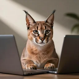 cute caracal cat watching a laptop, realistic