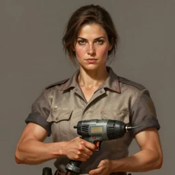 epic portrait a slightly muscular woman wearing short sleeved uniform and carrying a powertool, detailed, centered, digital painting, artstation, concept art, donato giancola, Joseph Christian Leyendecker, WLOP, Boris Vallejo, Breathtaking, 8k resolution, extremely detailed, beautiful, establishing shot, artistic, hyperrealistic, beautiful face, octane render