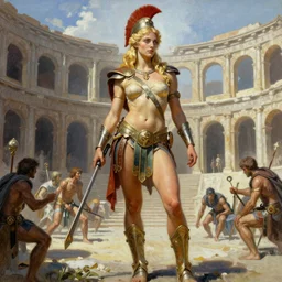A mixed media painting of a beautiful blonde warrior goddess in a coliseum, very aesthetic, curvy, detailed face and eyes, spartan, by Frank Frazetta, Boris Vallejo, Greg Rutkowski, Beeple, Yoko Taro, Christian MacNevin, epic fantasy character art, roman numerals, high fantasy, CGsociety, full length, exquisite detail, post-processing, masterpiece, cinematic, coliseum backdrop