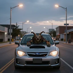 deathclaw behind the wheel, subaru, street lighting, downtown environment, wide lens, 2 4 mm, street lamps