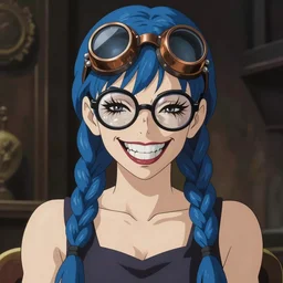 blue hair, double very long braids blue, bronze steampunk welding goggles black glasses, clear makeup, tane skin, evil crazy laugh, audrey hepburn, portrait gapmoe yandere grimdark, trending on pixiv fanbox, painted by greg rutkowski makoto shinkai takashi takeuchi studio ghibli, akihiko yoshida