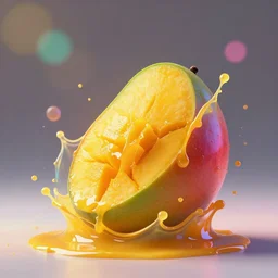 a mango split in half with juice splashing out, colorful liquid splash, centered, bokeh, studio lighting, advertisement, high speed photography