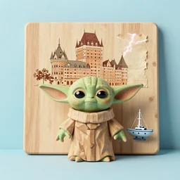 wooden yoda, starship, wooden board, manuscript, chateau, nordic pastel colors, perfect lightning