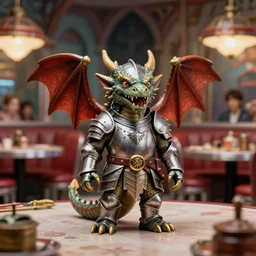 zoomed portrait of tin toy goblin dragons wearing armour in a 1 9 5 0 s diner, nicoletta ceccoli, mark ryden, lostfish, hyung tae, frank frazetta, depth of field, detailed and intricate gothic environment, 8 k resolution, hyperrealistic, octane render
