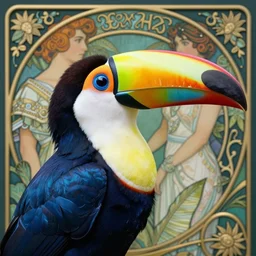 close up portrait of anthropomorphic toucan, blue iridescent feathers and cmyk beak by artgerm, cushart krenz, greg rutkowski, mucha. art nouveau. gloomhaven, tropical atmosphere, natural tones, vibrant colors, sharp edges. ultra clear detailed. 8 k. elegant, intricate, octane render