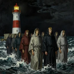 worshippers in robes belonging to the cult of the lighthouse standing in waves, a lighthouse, high detailed beksinski painting, part by adrian ghenie and gerhard richter. art by takato yamamoto. masterpiece, dark and moody, deep colours