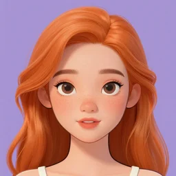 portrait Girl with orange hair and freckles, purple background, cute-fine-face, pretty face, simple line, fine details. realistic shaded lighting by disney style,