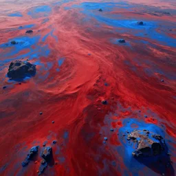 a photo of a alien planet with a red sea and blue sand and rocks, vibrant red ocean, vibrant blue sand and rocks, mythical, concept art, octane render, unreal engine 5, trending on deviantart, highly detailed, high quality, 8 k, trending on artstation, digital art, high coherence, path traced, cinematic, dramatic lighting, drone view, high color contrast