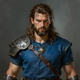 A striking epic hyper real painting of an arrogant half elf ranger with shaggy brown hair, scruffy beard, scar on face, blue tunic, unreal 5, DAZ, hyperrealistic, octane render, cosplay, RPG portrait, dynamic lighting
