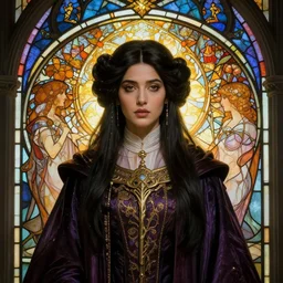 masterpiece head-on symmetrical centered painted portrait, Mahira Khan as D&D Mage, wearing wizard robes, glowing stained glass backdrop, elegant, in the style of Ruan Jia and Artgerm and Edgar Maxence and Ross Tran and Alphonse Mucha and Ayami Kojima and Charlie Bowater and Greg Rutkowski and Karol Bak and Jean Delville, Art Nouveau, Pre-Raphaelite, Neo-Gothic, gothic, 8k, specular highlights, octane render