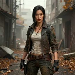 fallout 5, charismatic beautiful rugged asian female protagonist, portrait, outdoors in a dilapidated tokyo back alley, atmospheric lighting, painted, intricate, volumetric lighting, daytime, autumn, fog, sharp focus, ultra detailed, art by william turner