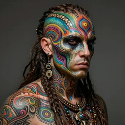 hyper detailed ultra sharp earth tribal gothic warrior trance man portrait, trending on artstation, warpaint tattoo aesthetic, earthwave, colorful, psychedelic, ornate, intricate, digital painting, concept art, smooth, sharp focus, illustration, art by artgerm, edmund leighton, greg rutkowski, h. r. giger, 8 k