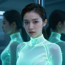 portrait of a beautiful bioengineered female wearing a luminescent bodysuit, Tron environment, reflections, focus, detailed, realistic eyes, horizontal partial symmetry body features proportions, intricate facial skin details, award winning, trending in cgsociety artstation deviant art, octane render