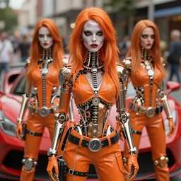 closeup shot of a clockwork orange female droog gang designed artgerm and a red pininfarina sportscar in the background hdr, 8 k, hyperrealistic, volumetric lighting