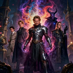 a young mix of willem dafoe, christopher walken, michael emerson, evil wizard, partially armored, intricate colorful cosmic smoke magic, victorian steampunk city vista, style of andreas rocha, hiroshi nagai, dan mcphalin, ian mcque
