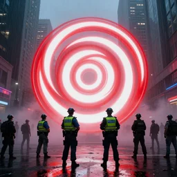 policemen protecting a huge red spiral - shaped bright white luminous attractor right in the center of the city from protesting people,, rain and light fog, professional lighting, concept art in 3 d, high detail, professional lighting, unreal engine