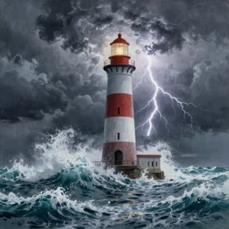 a beautiful painting by roger deakins and moebius and alphonse much and guweiz and hiroshi yoshida of a lighthouse during a storm, stormy clouds and lightnings, huge waves crashing on the lighthouse, epic, fantasy, high definition, cinematic shot, artstation