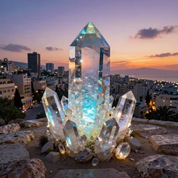 a beautiful haifa city with lots of glowing crystals, sunset lighting,