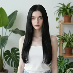 a room full of beautiful house plants and a pretty caucasian woman with pale skin, long black hair with bangs, wearing shorts and t shirt, walking happily, abstract, golden light, beautiful watercolor art trending on artstation