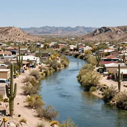 a town in the chihuahuan desert, surrounded by saguaro and hills, a river runs through the town, a giant moon fills the sky, pop art, insanely detailed.