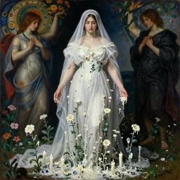 Blind beautiful woman under the white veil wearing a white dress and covered with melted white candle wax, candle wax flowers and plants grow from her body, by Michelangelo da Caravaggio. Ilya Repin, Mikhail Vrubel, William Blake and Beksinski, dramatic volumetric lighting, full body portrait, highly detailed oil painting, 4k, masterpiece