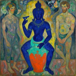 tantric deity with vase. indigo blue, turquoise, cinnabar. henri de toulouse - lautrec, ferdand hodler, egon schiele, gauguin