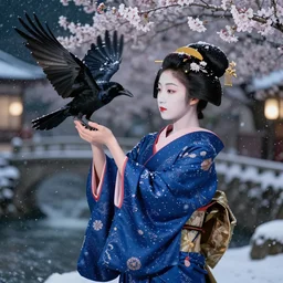 a geisha with indigo colored geisha outfit holding out a raven with its wings spread ready to fly. snow falling in the night. japanese cherry blossoms by a babble ultrarealistic 8 k