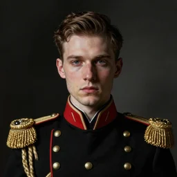 realistic portrait of a young war general in his black uniform, delicate, facing the camera, mysterious, hyper realism, 1 4 5 0, ink, ultra realistic, 8 k