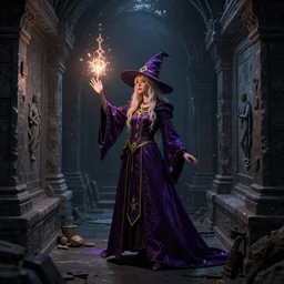 wizard girl, standing in crypts casting a spell, 3 point perspective, volumetric lighting, in the style of Artgerm