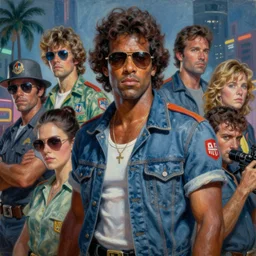 an oil painting closeup of eighties miami vice, crockett, tubbs, ultra realistic, highly detailed, masterpiece, cinematic by frank frazetta, greg rutkowski, beeple, yoko taro, christian macnevin, beeple, wlop, krenz cushart, epic fantasy character art, volumetric lighting, cgsociety