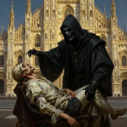 oil matte portrait painting, grim reaper as he collects a soul of a plague victim outside a baroque cathedral, wonderful masterpiece highly detailed, beautiful cinematic light deep focus, elegant, digital painting, smooth, sharp focus, golden ratio, dramatic illumination, ultra realistic, 8 k, art by salvator rosa and caravaggio