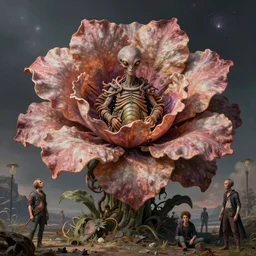 grotesque flower predator made from alien space thoughts, by rutkowski and giuseppe arcimboldo, james jean and erik jones and rhads, ultradetailed, photorealistic details, full frame, colossal scale, trending artstation