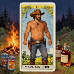 an ethereal tarot painting of a rugged shirtless cowboy with a stocky build and beer belly | background is a serene campfire | cans of beans and jugs of whisky | tarot card, art deco, art nouveau | by Mark Maggiori | trending on artstation
