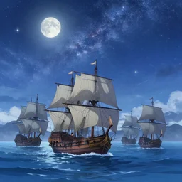 an armada of carracks and galleons, clear skies, angry sea, moon, milky way, stars, soft, by wlop, makoto shinkai, artgerm, artstation, ayami kojima, 1 6 k, wide angle