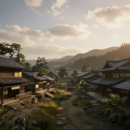 Old japanese architecture in a Japanese valley, peaceful sky, golden hour, taken in unreal engine 5, 4k