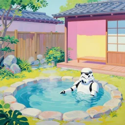 hyperrealistic composition of the japanese home with a garden, stormtrooper in hot springs, pop - art style, jacky tsai style, andy warhol style, roy lichtenstein style, pastel palette, acrylic on canvas