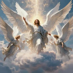 The son of God coming in the clouds with his millions of angels , artstation, Greg rutkowski, cinematic, digital Art