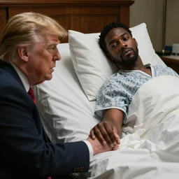 Hermain Cain on his deathbed with Donald trump by his bedside holding his hand, dramatic lighting, 8k, hyper realistic