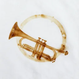 photo of a coffee stain in the shape of a trumpet on a white t - shirt